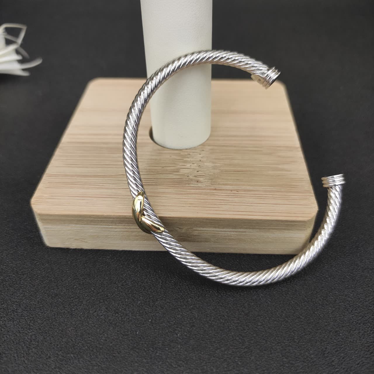 David Yurman Silver Cable Bangle with Gold Accents